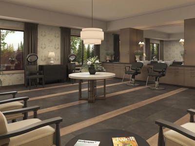 Bright and modern salon area with styling stations
