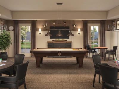 Interior view of a game room with a pool table