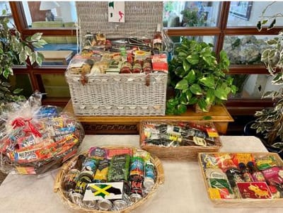 A variety of food items in decorative baskets.
