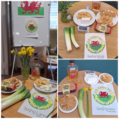 Table with food, decorations, and activities for residents.