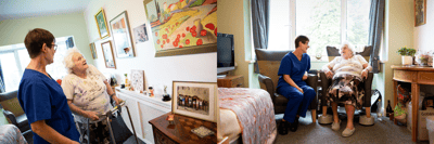 Staff and resident interacting in a cozy room.