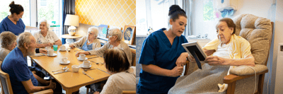 Residents engaging in activities with staff members.