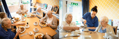 Residents enjoying a meal in the dining room.