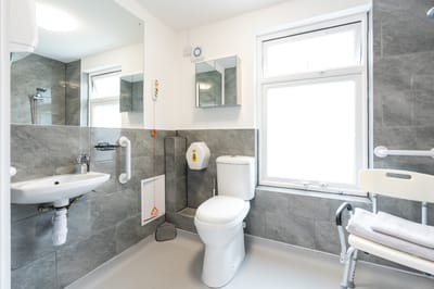 Accessible bathroom with modern fixtures and aids