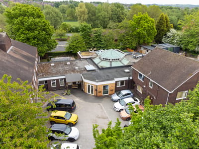 Aerial view of the facility's parking area.