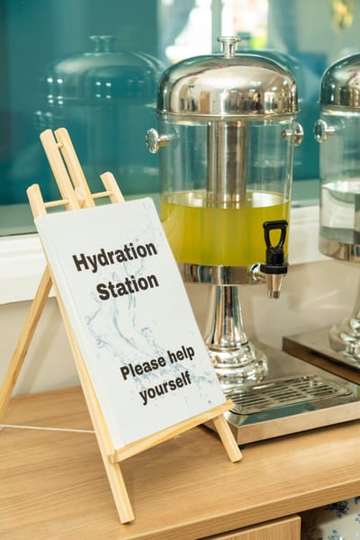 Hydration station with a refreshment dispenser.