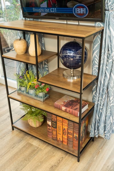 Decorative shelf with books and plants in a common area.
