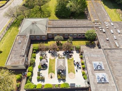 Aerial view of outdoor garden area with residents