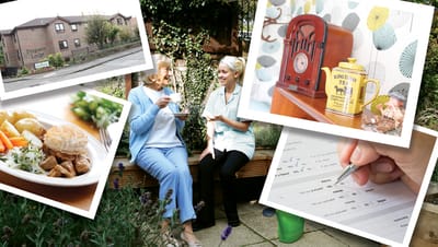 Residents enjoying tea in a garden area.