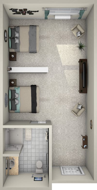 Floor plan layout of a resident room.