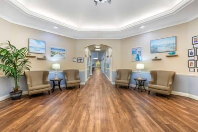 Interior view of a welcoming common area with seating.