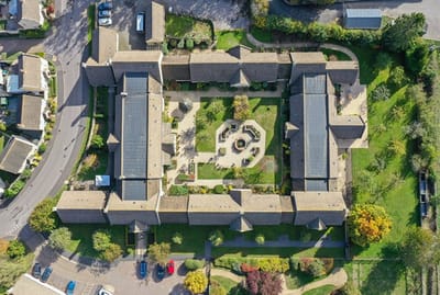 Aerial view of the facility's landscaped outdoor area.