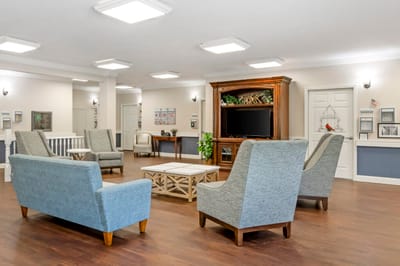 Bright and inviting common area with seating.