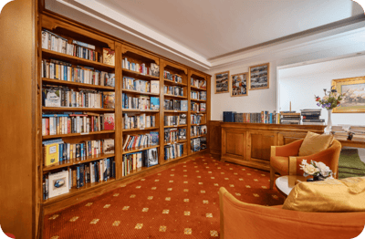 Interior view of a cozy library with bookshelves