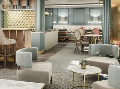 Brightly designed common area with seating and decor