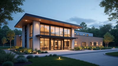 Modern assisted living facility exterior at twilight