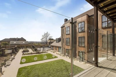 Outdoor view of a landscaped garden area at the care home
