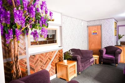 Cozy interior common area with purple decor