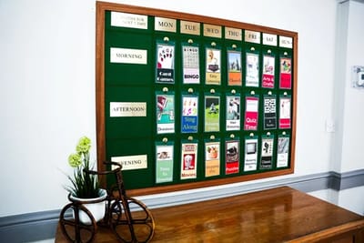 Activity schedule displayed on a bulletin board