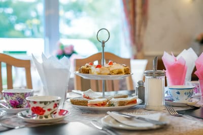 Elegant table setting with afternoon tea and snacks