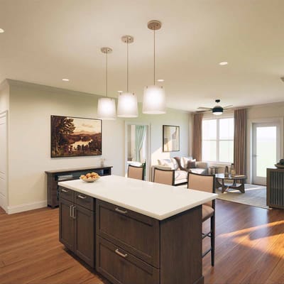 Bright and modern common area with kitchen and living space