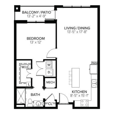 Floor plan of a one-bedroom apartment