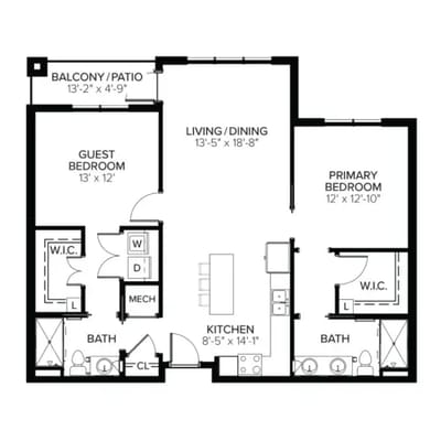 Architectural floor plan of a two-bedroom unit