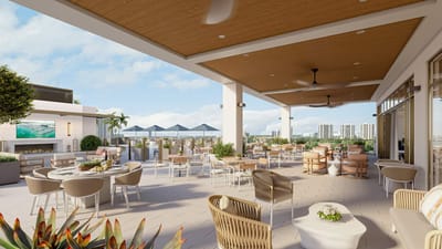 Spacious outdoor dining area with modern furniture