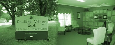 Exterior sign and interior lounge area of Bradford Village