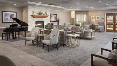 Comfortable common area with seating and fireplace