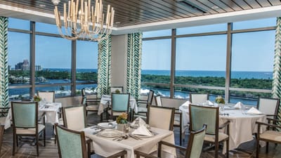 Bright dining room with a scenic view