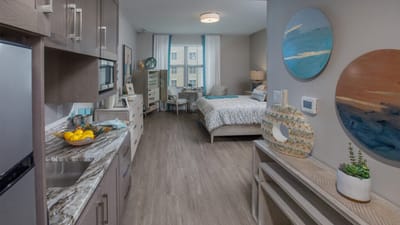 Interior view of a resident's room with modern decor