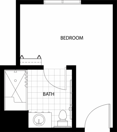 Floor plan of a private resident room with bath