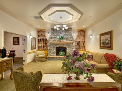 Cozy common area with a fireplace and seating