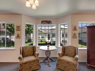 A bright seating area with two chairs and windows