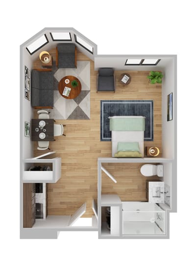 A floor plan layout of a small living unit