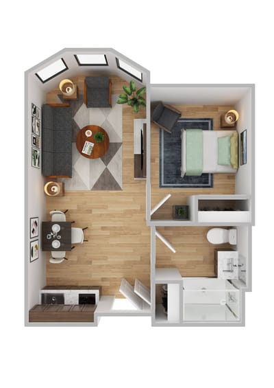 Layout of a cozy studio apartment in a senior living facility