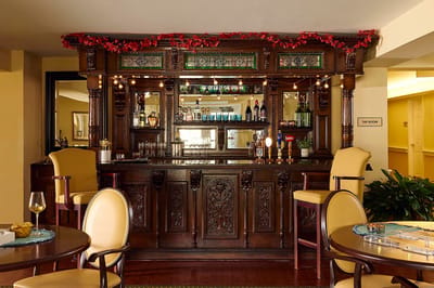 Interior view of a bar area with wooden decor