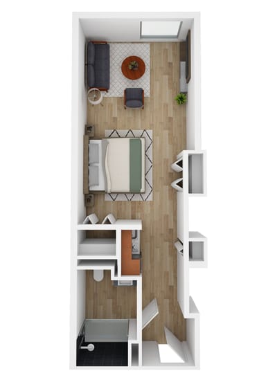 Top-down view of a small private room layout