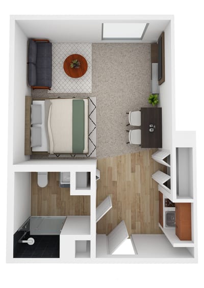 Aerial view of a private resident room layout