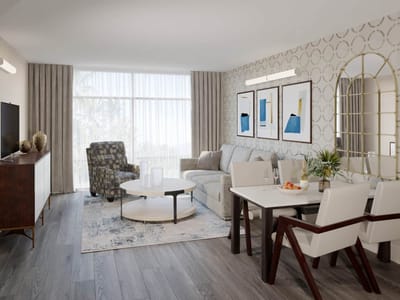 Bright and stylish senior living room with a dining area