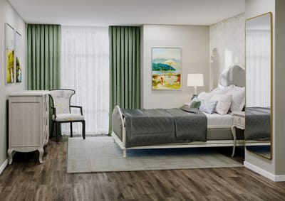 A stylish private resident room with a bed and artwork