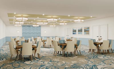 Bright dining room with large tables and modern decor