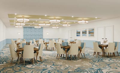 Bright dining room with round tables and modern decor