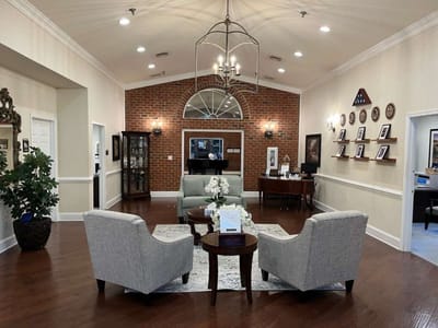 Bright common area with seating and decorative elements
