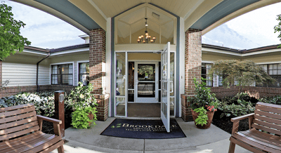 Entrance of Brookdale Westlake Village with welcoming decor