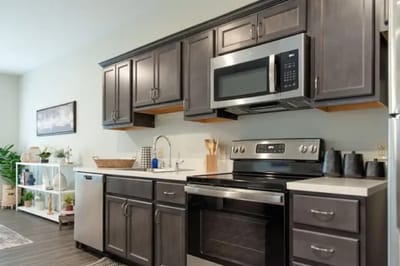 Modern kitchen with dark cabinets and appliances
