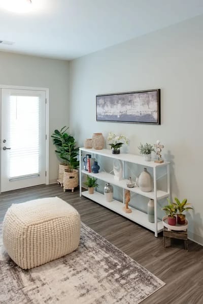 A cozy and inviting lobby area with decor