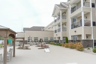 Outdoor area of a senior living community with seating