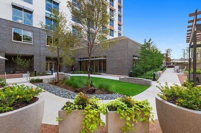 Outdoor garden area with seating and pathways